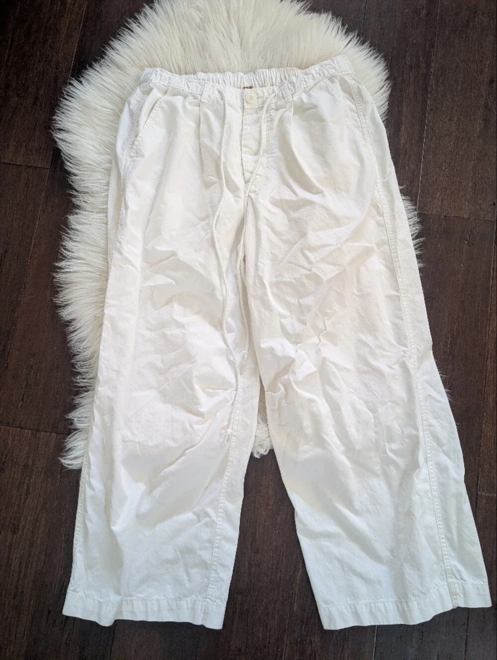 Free People White Elastic-Waist Drawstring Cotton Wide Leg Pants S Small
